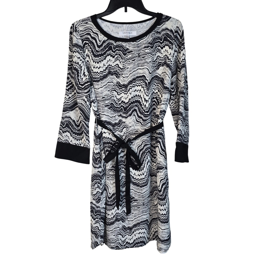 LK Bennett London‎ Toledo Silk Dress Black White Abstract Wave Pockets Size 10